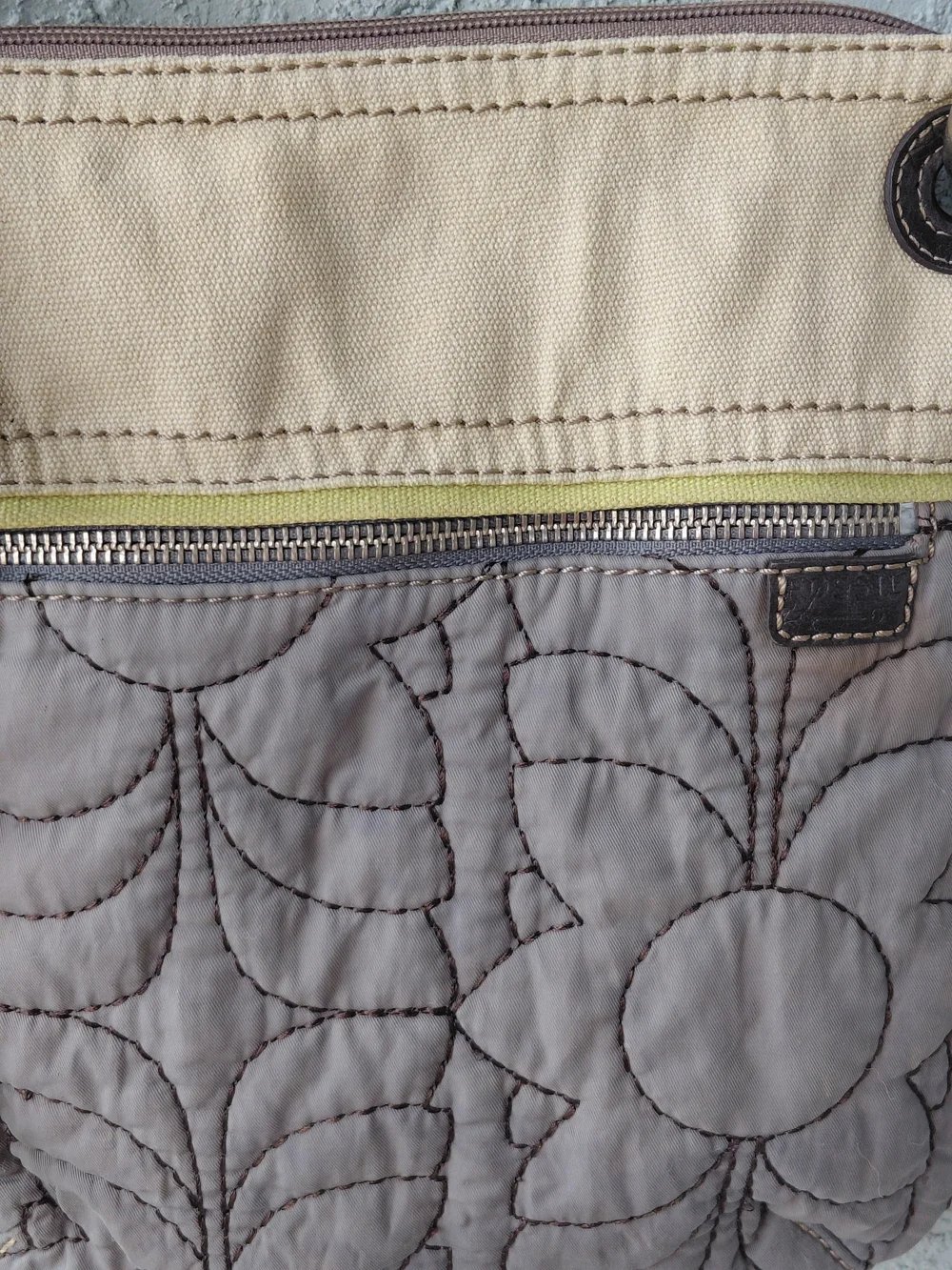 Fossil Key-Per Floral Quilted Crossbody Bag Canvas Leather Trim Beige Brown